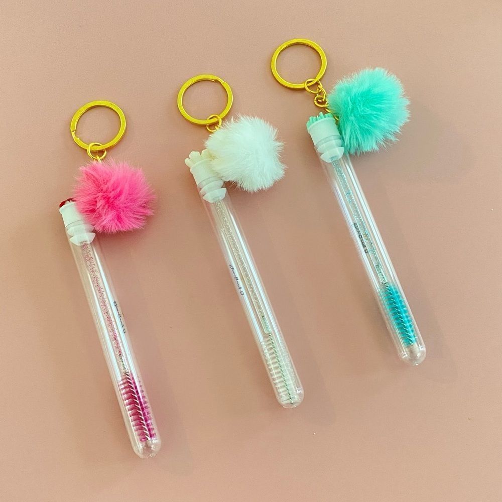 3pcs Tube Eyelash Brush/Spoolie with Furball & Gold Keychain | Mascara Wand